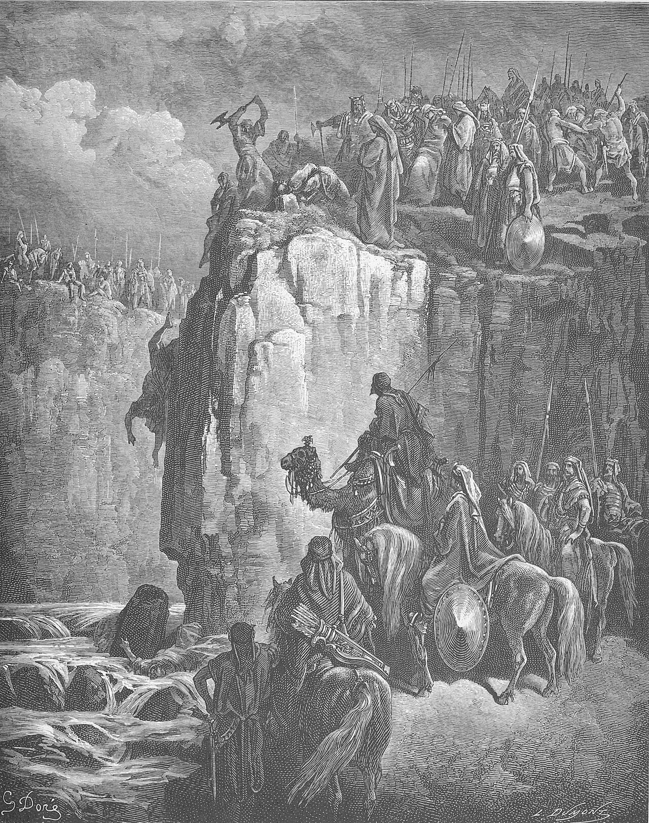 Elijah on the height with the sword and the prophets of Baal below him, 1 Kings 18:40. The plate shows the aftermath of the contest and not the moment the fire fell.
