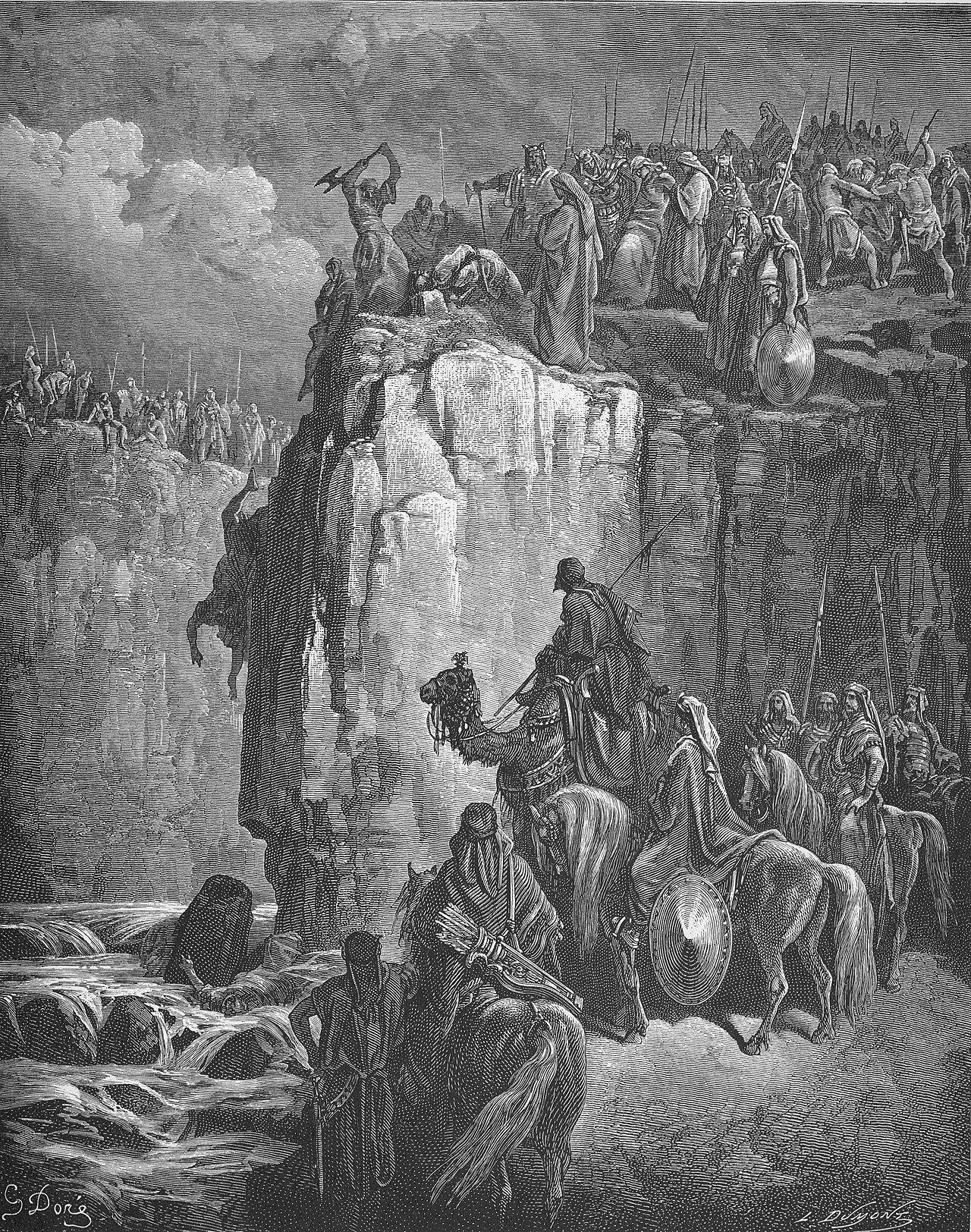 Elijah on the height with the sword and the prophets of Baal below him, 1 Kings 18:40. The plate shows the aftermath of the contest and not the moment the fire fell.